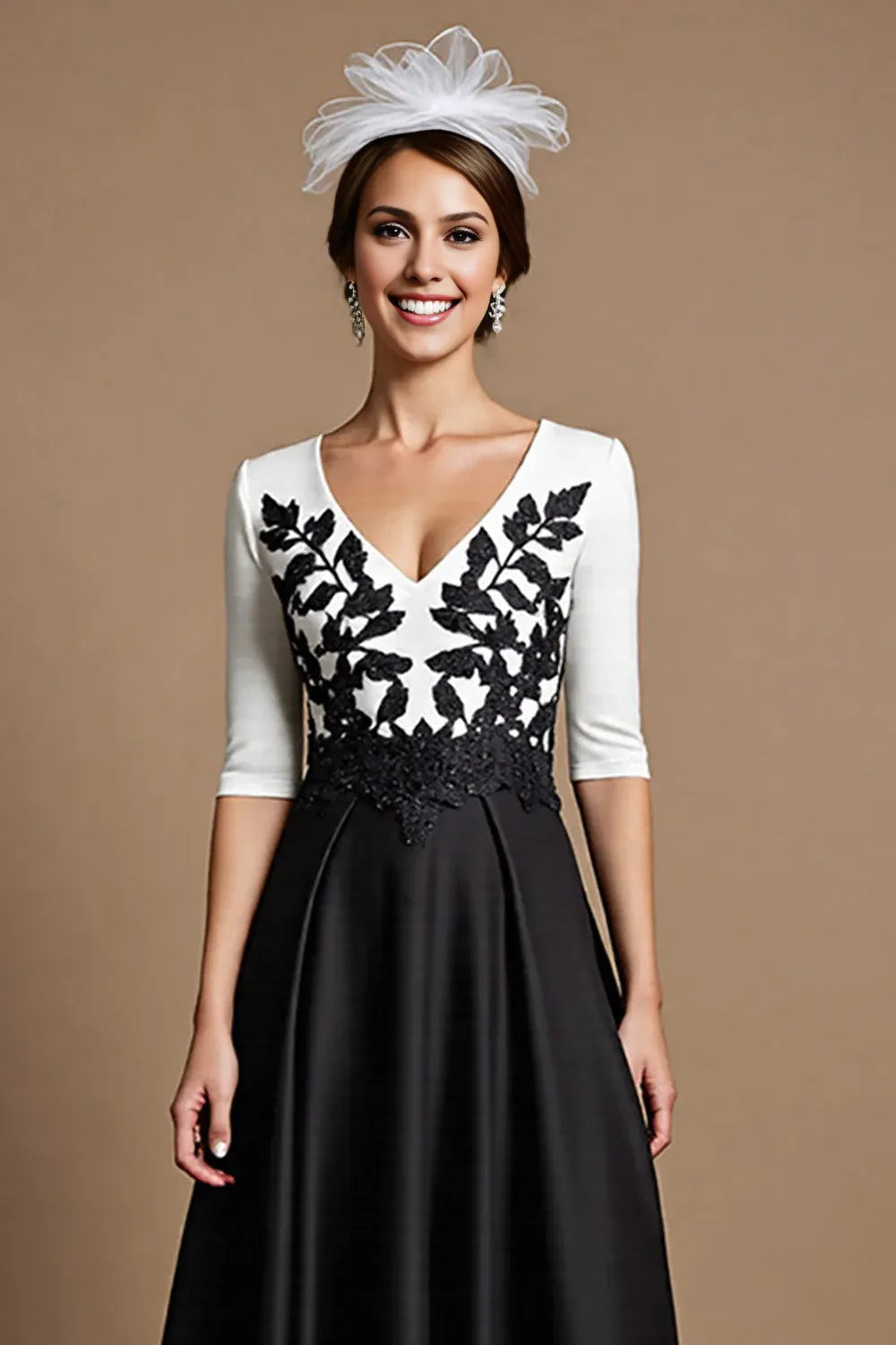 A-Line V Neck 1/2 Sleeve Zipper Up Ankle-Length Mother of the Bride Dress