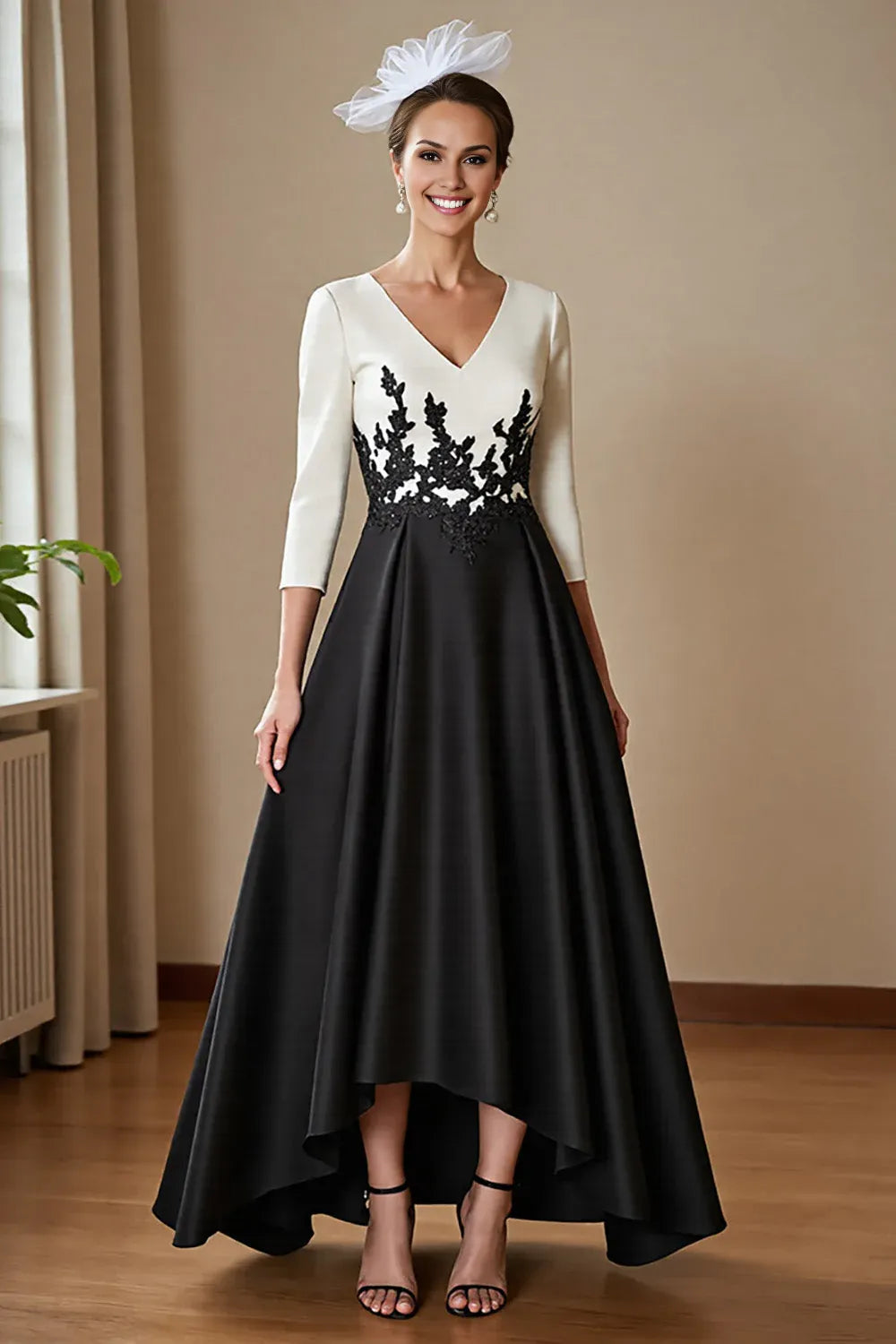 A-Line V Neck 3/4 Sleeve Zipper Up Floor-Length Mother of the Bride Dress