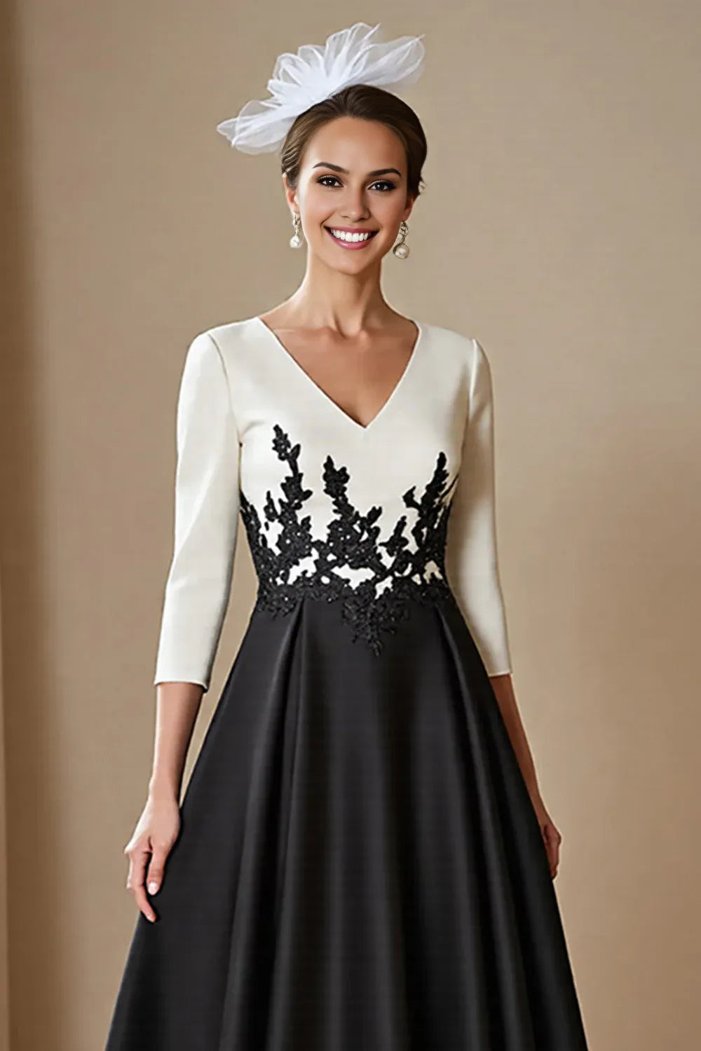 A-Line V Neck 3/4 Sleeve Zipper Up Floor-Length Mother of the Bride Dress