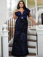 A-Line V Neck Short Sleeve Backless Floor-Length Plus Size Prom Dress