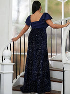 A-Line V Neck Short Sleeve Backless Floor-Length Plus Size Prom Dress