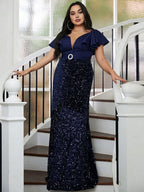 A-Line V Neck Short Sleeve Backless Floor-Length Plus Size Prom Dress