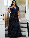 A-Line V Neck Short Sleeve Backless Floor-Length Plus Size Prom Dress