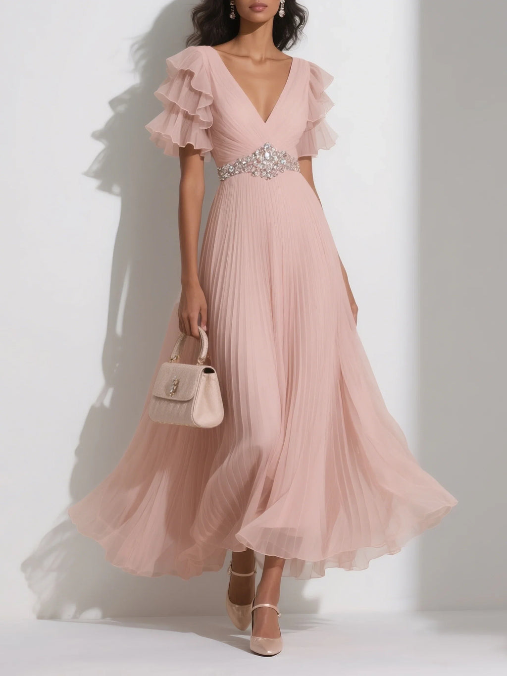 A-Line V Neck Short Sleeve Zipper Up Ankle-Length Prom Dress