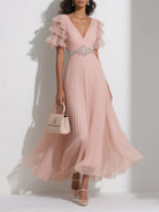 A-Line V Neck Short Sleeve Zipper Up Ankle-Length Prom Dress