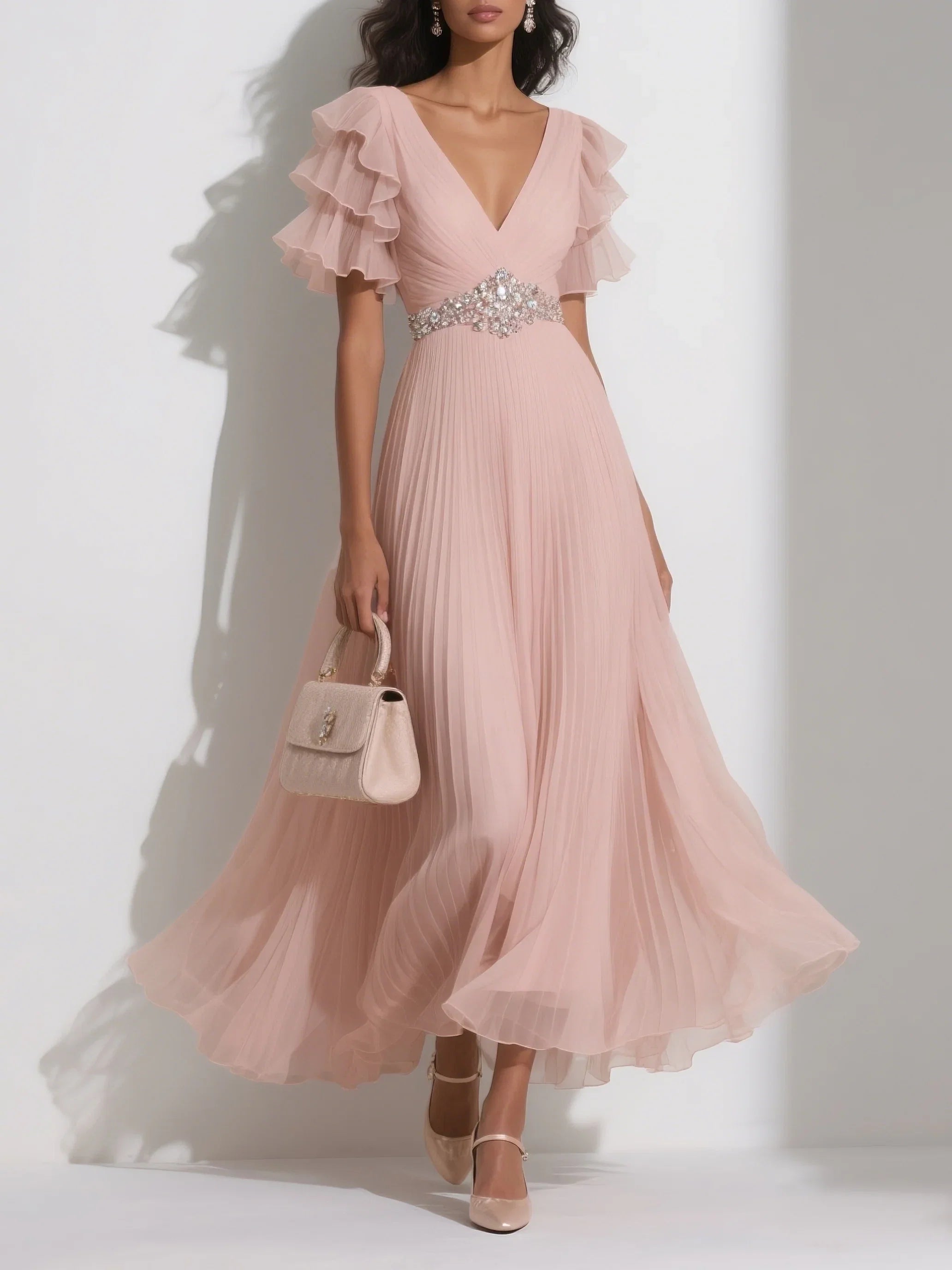 A-Line V Neck Short Sleeve Zipper Up Ankle-Length Prom Dress
