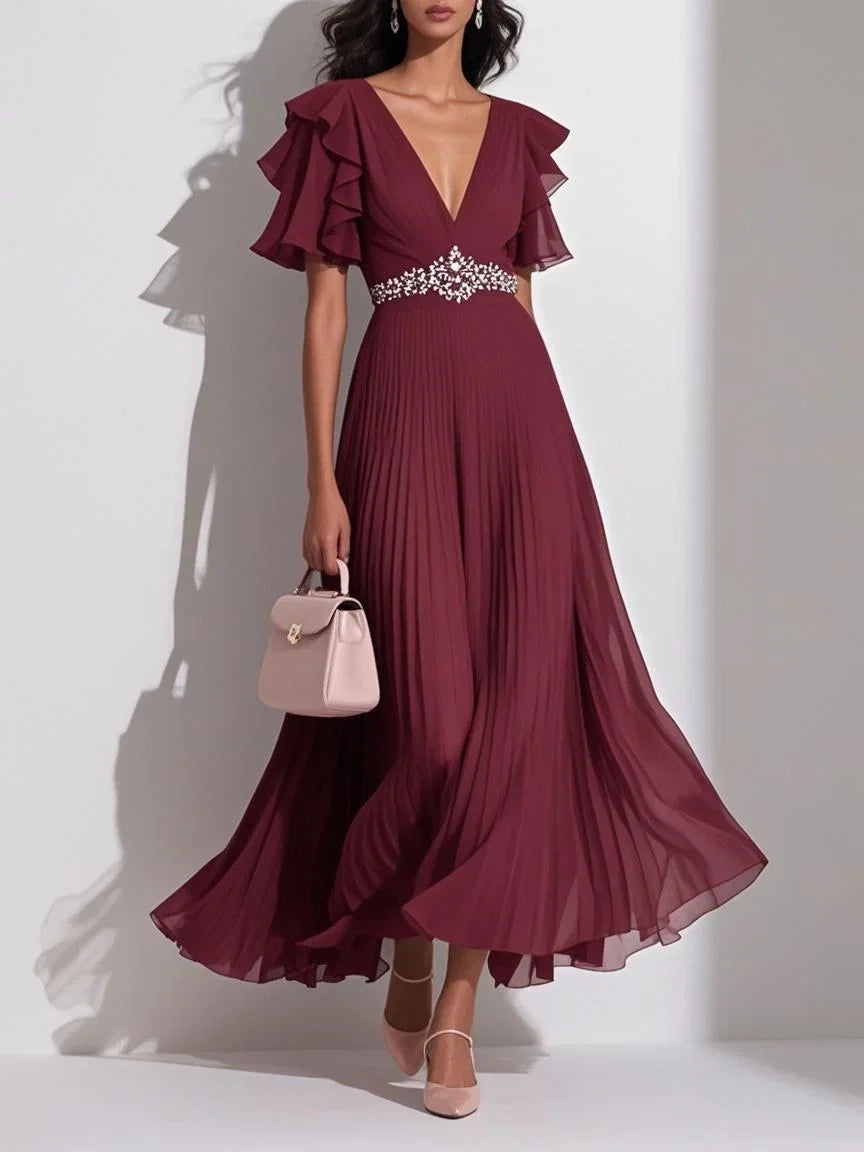 A-Line V Neck Short Sleeve Zipper Up Ankle-Length Prom Dress