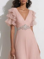 A-Line V Neck Short Sleeve Zipper Up Ankle-Length Prom Dress