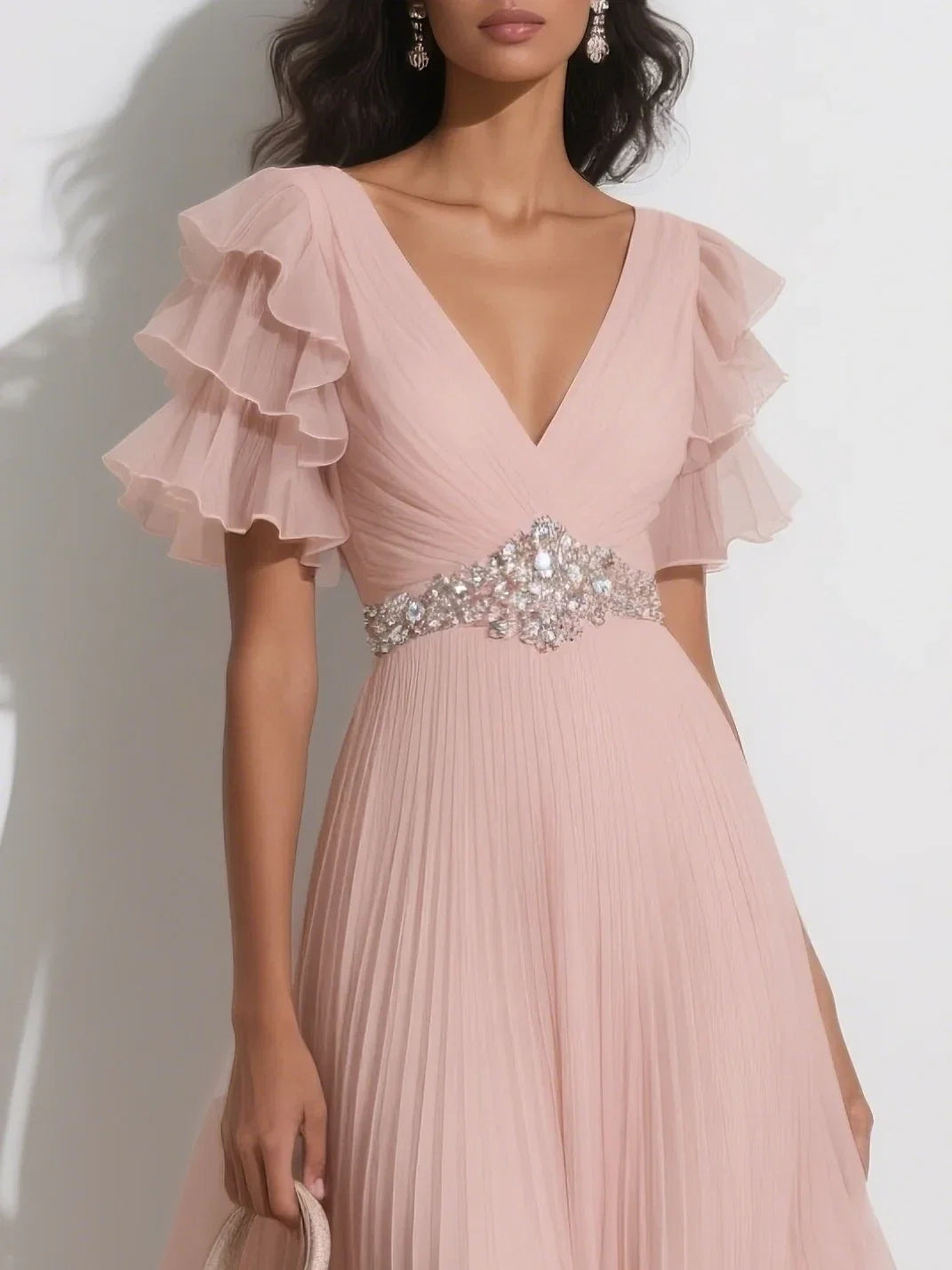 A-Line V Neck Short Sleeve Zipper Up Ankle-Length Prom Dress