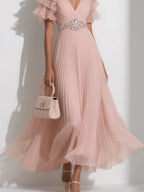 A-Line V Neck Short Sleeve Zipper Up Ankle-Length Prom Dress