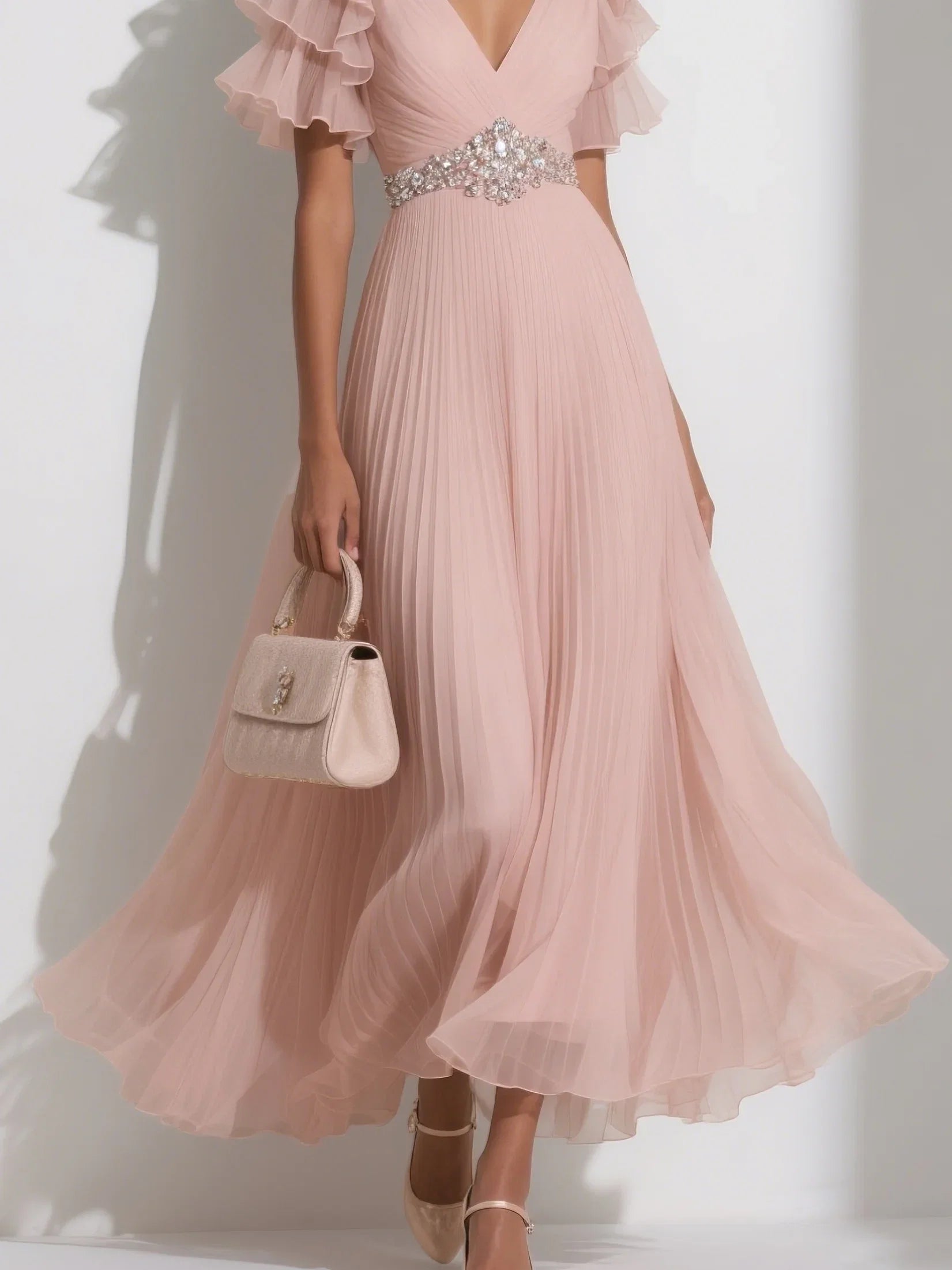 A-Line V Neck Short Sleeve Zipper Up Ankle-Length Prom Dress