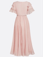 A-Line V Neck Short Sleeve Zipper Up Ankle-Length Prom Dress