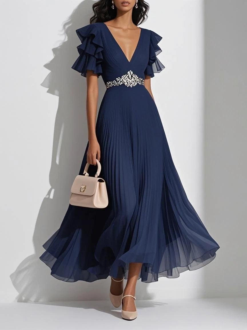 A-Line V Neck Short Sleeve Zipper Up Ankle-Length Prom Dress