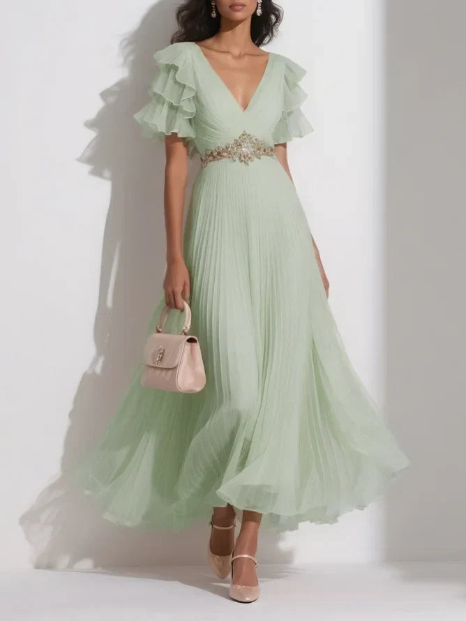 A-Line V Neck Short Sleeve Zipper Up Ankle-Length Prom Dress