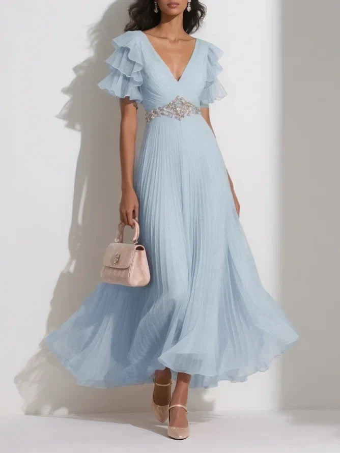 A-Line V Neck Short Sleeve Zipper Up Ankle-Length Prom Dress