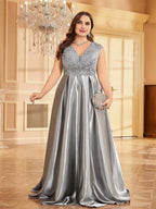 A-line V-neck Cap Sleeve Zipper Up Floor-Length Plus Size Prom Dress