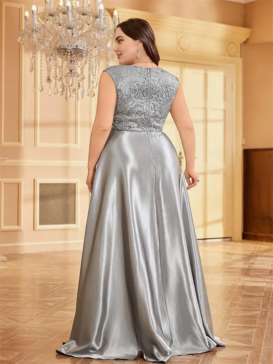 A-line V-neck Cap Sleeve Zipper Up Floor-Length Plus Size Prom Dress