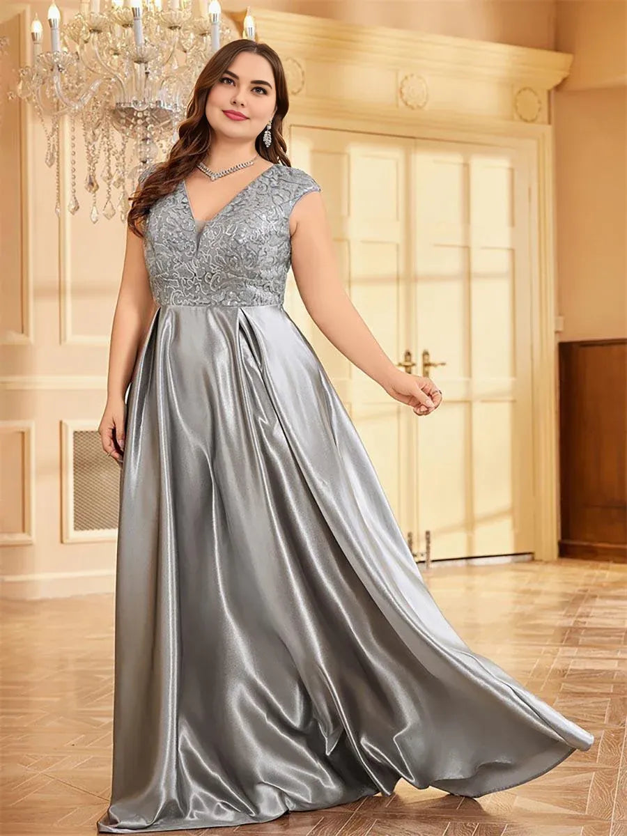 A-line V-neck Cap Sleeve Zipper Up Floor-Length Plus Size Prom Dress