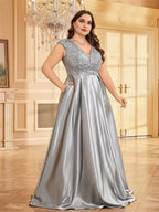 A-line V-neck Cap Sleeve Zipper Up Floor-Length Plus Size Prom Dress