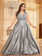A-line V-neck Cap Sleeve Zipper Up Floor-Length Plus Size Prom Dress