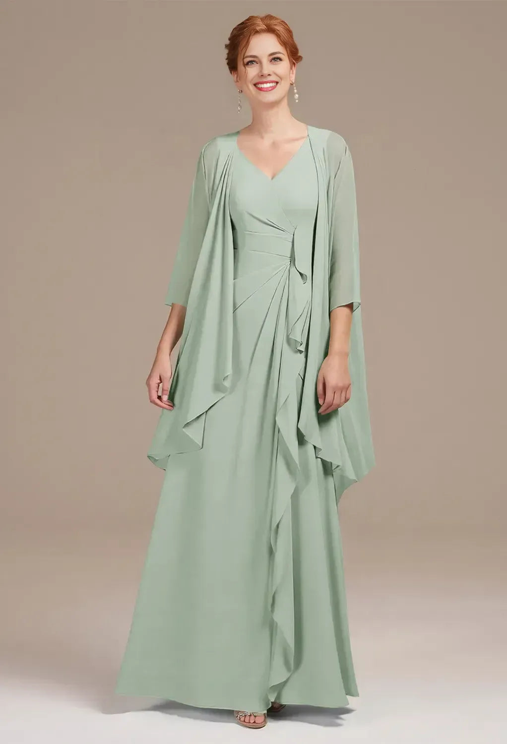 A-line V Neck 3/4 Sleeves Pleated Floor Length Mother of the Bride Dress