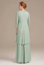 A-line V Neck 3/4 Sleeves Pleated Floor Length Mother of the Bride Dress