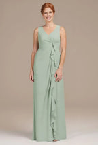 A-line V Neck 3/4 Sleeves Pleated Floor Length Mother of the Bride Dress