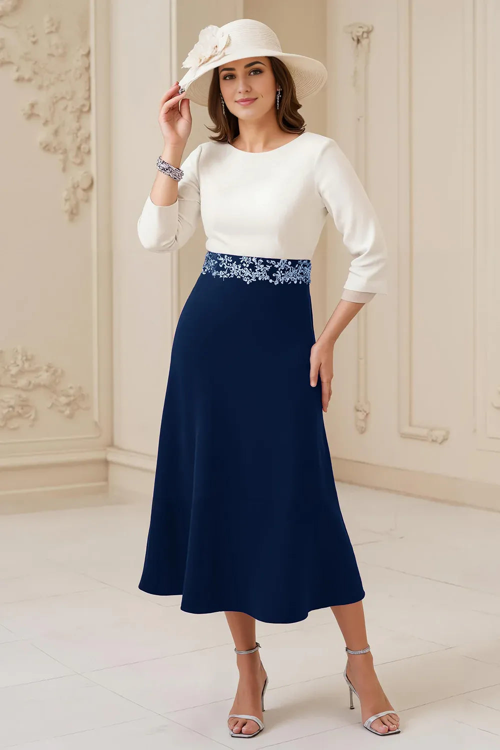 A Line Boat Neck Long Sleeve Scoop Back Tea-Length Mother of the Bride Dress