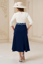 A Line Boat Neck Long Sleeve Scoop Back Tea-Length Mother of the Bride Dress