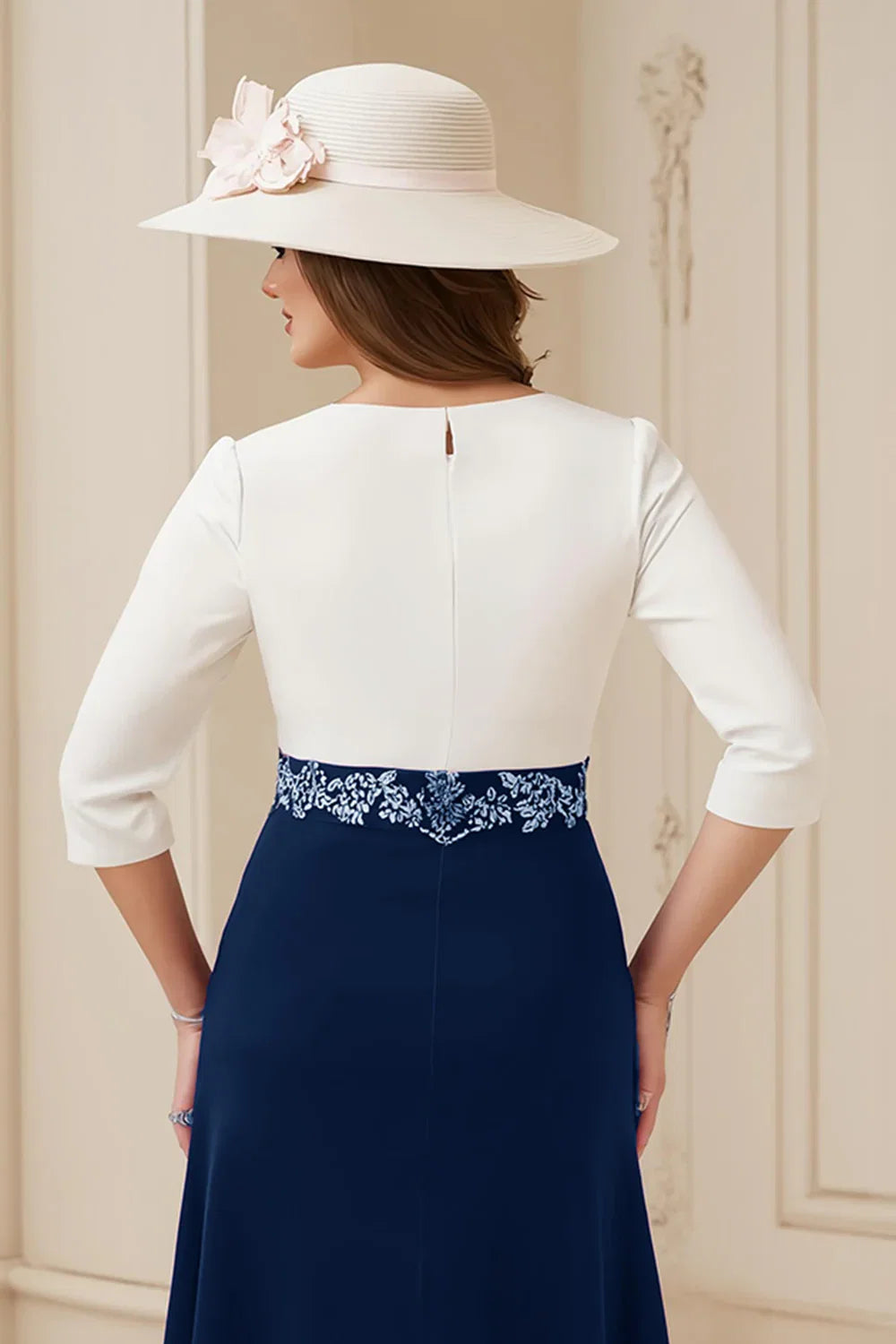 A Line Boat Neck Long Sleeve Scoop Back Tea-Length Mother of the Bride Dress