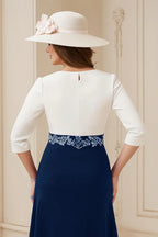 A Line Boat Neck Long Sleeve Scoop Back Tea-Length Mother of the Bride Dress