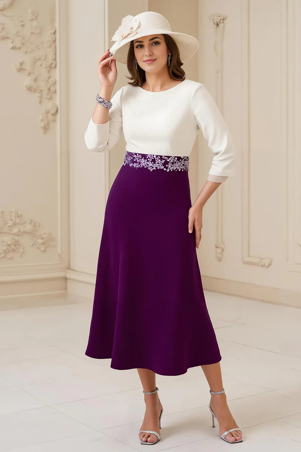 A Line Boat Neck Long Sleeve Scoop Back Tea-Length Mother of the Bride Dress