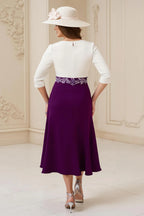 A Line Boat Neck Long Sleeve Scoop Back Tea-Length Mother of the Bride Dress