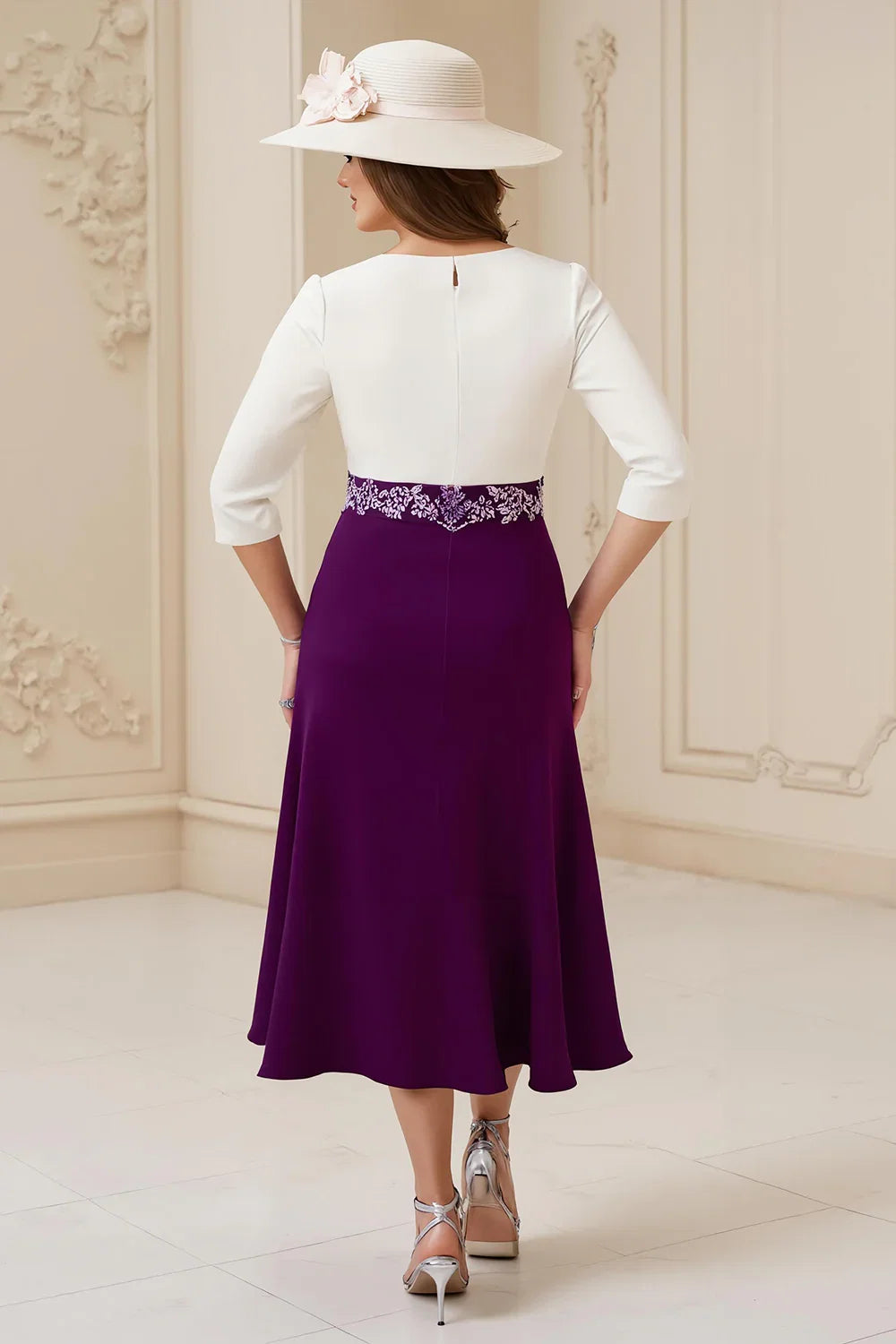 A Line Boat Neck Long Sleeve Scoop Back Tea-Length Mother of the Bride Dress