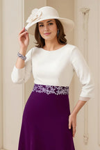 A Line Boat Neck Long Sleeve Scoop Back Tea-Length Mother of the Bride Dress