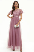 A Line Boat Neck Short Sleeve Zipper Up Floor-Length Mother of the Bride Dress