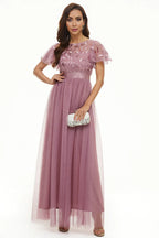 A Line Boat Neck Short Sleeve Zipper Up Floor-Length Mother of the Bride Dress