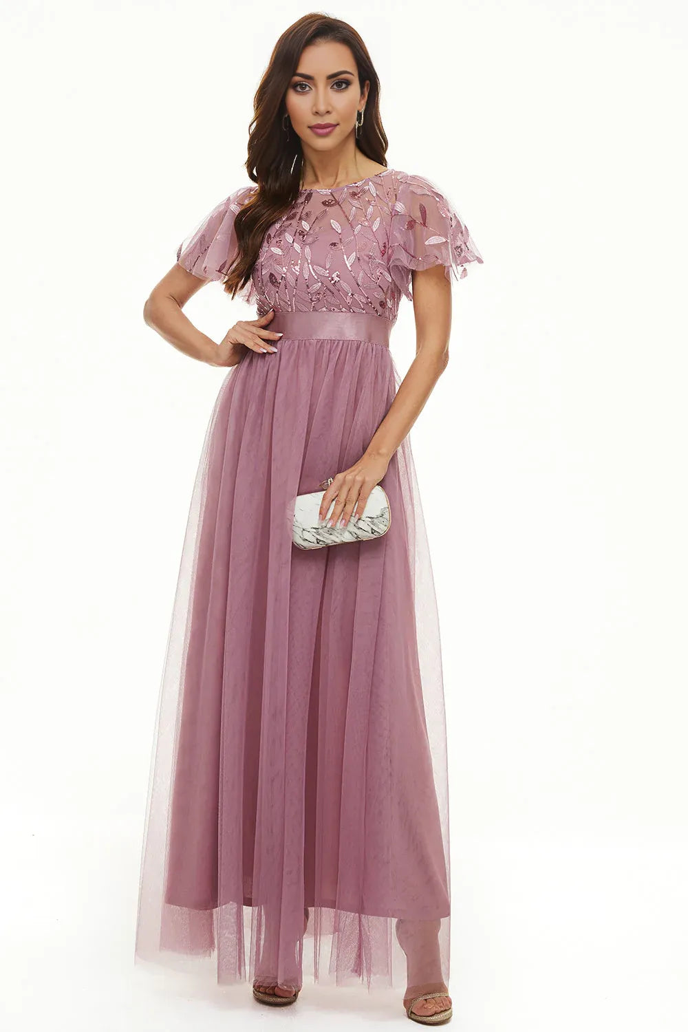 A Line Boat Neck Short Sleeve Zipper Up Floor-Length Mother of the Bride Dress