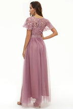 A Line Boat Neck Short Sleeve Zipper Up Floor-Length Mother of the Bride Dress