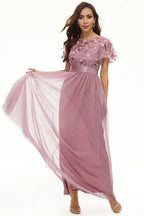 A Line Boat Neck Short Sleeve Zipper Up Floor-Length Mother of the Bride Dress