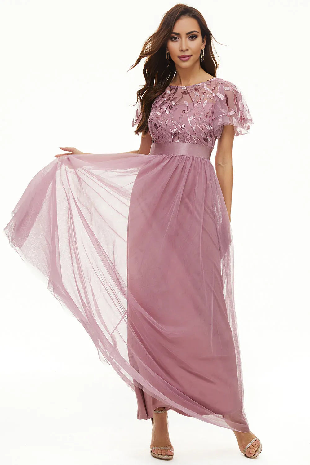 A Line Boat Neck Short Sleeve Zipper Up Floor-Length Mother of the Bride Dress