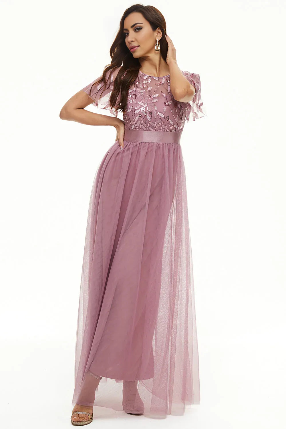 A Line Boat Neck Short Sleeve Zipper Up Floor-Length Mother of the Bride Dress