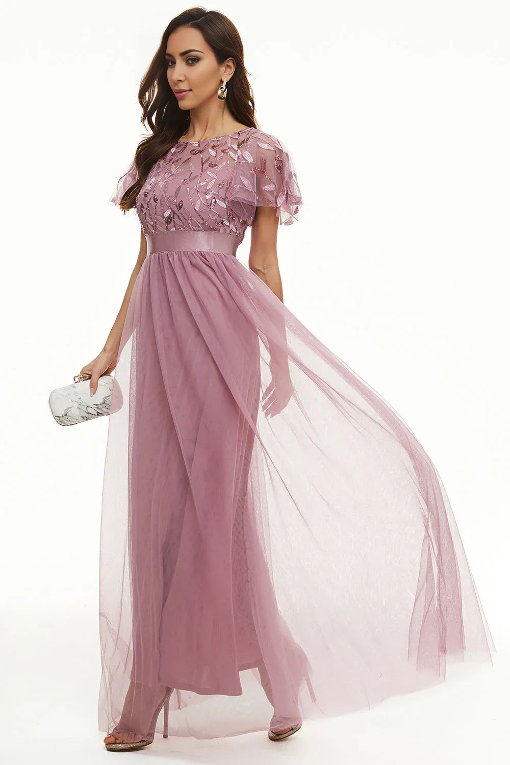 A Line Boat Neck Short Sleeve Zipper Up Floor-Length Mother of the Bride Dress