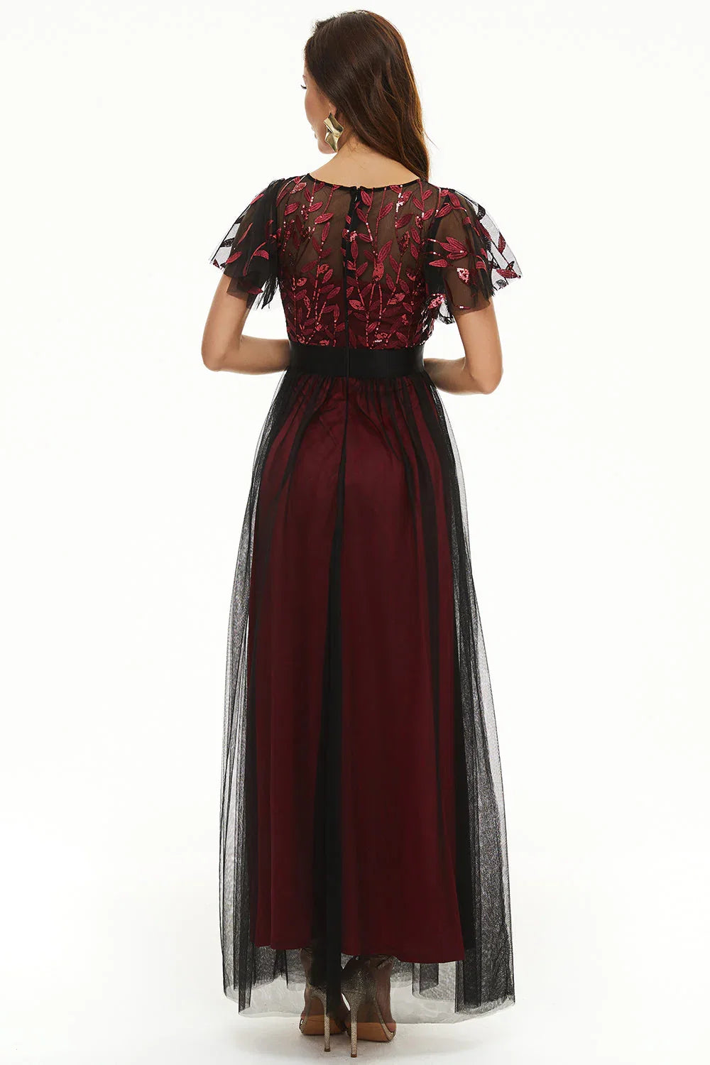 A Line Boat Neck Short Sleeve Zipper Up Floor-Length Mother of the Bride Dress