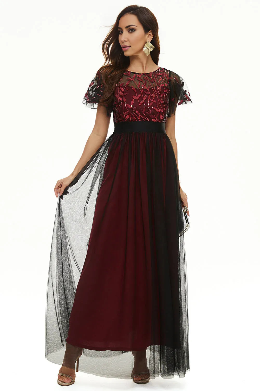 A Line Boat Neck Short Sleeve Zipper Up Floor-Length Mother of the Bride Dress