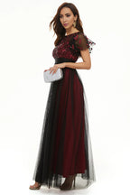 A Line Boat Neck Short Sleeve Zipper Up Floor-Length Mother of the Bride Dress