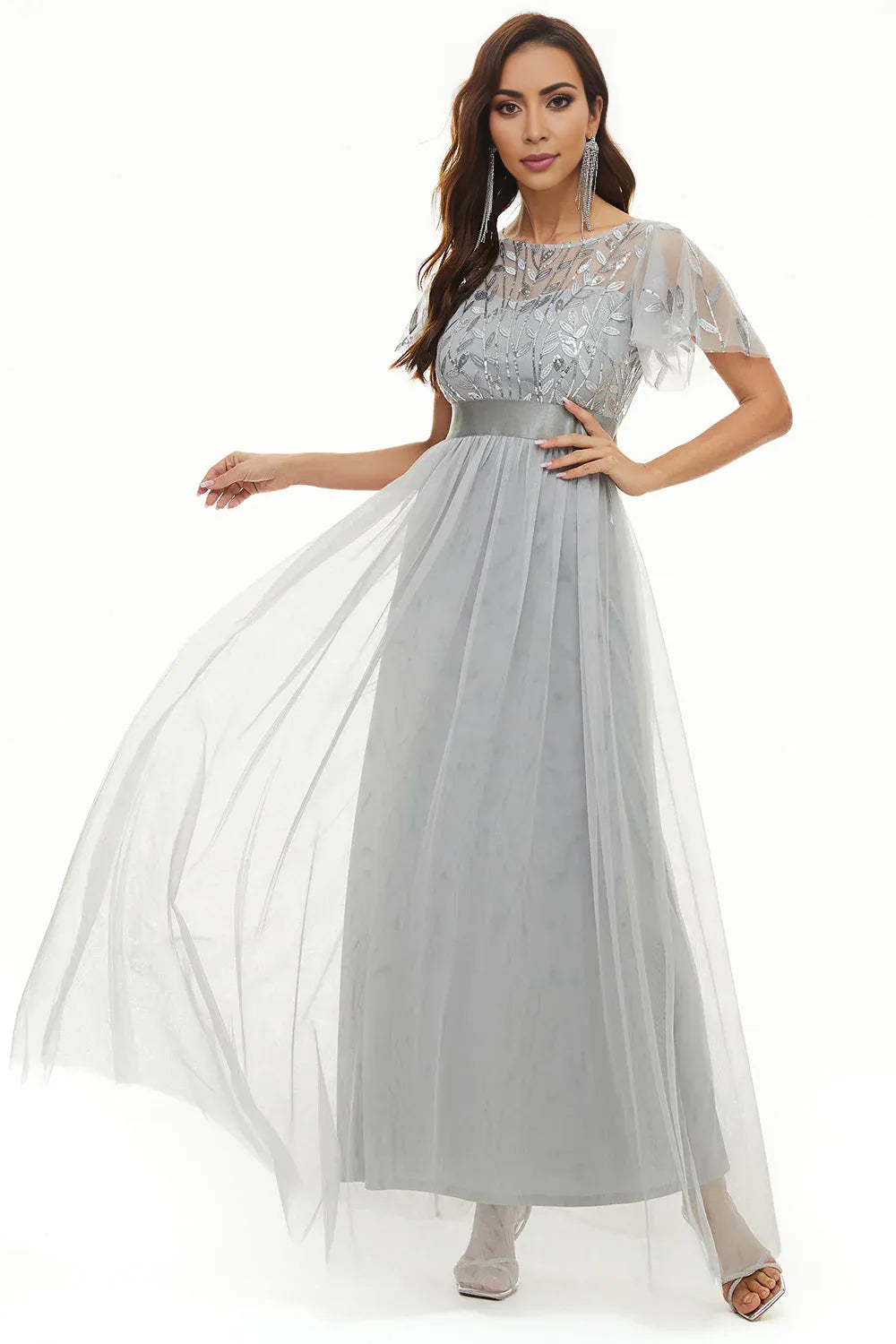 A Line Boat Neck Short Sleeve Zipper Up Floor-Length Mother of the Bride Dress