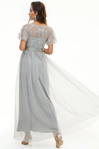 A Line Boat Neck Short Sleeve Zipper Up Floor-Length Mother of the Bride Dress