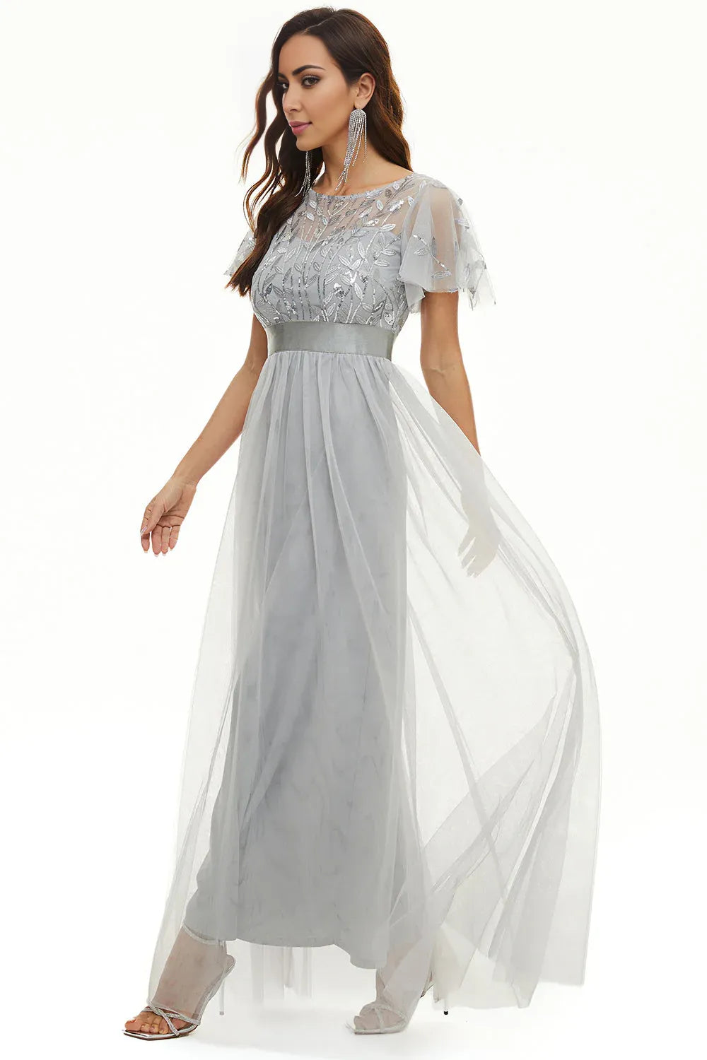 A Line Boat Neck Short Sleeve Zipper Up Floor-Length Mother of the Bride Dress