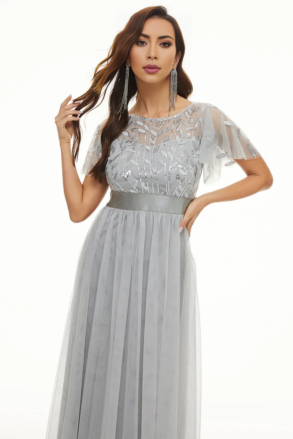 A Line Boat Neck Short Sleeve Zipper Up Floor-Length Mother of the Bride Dress